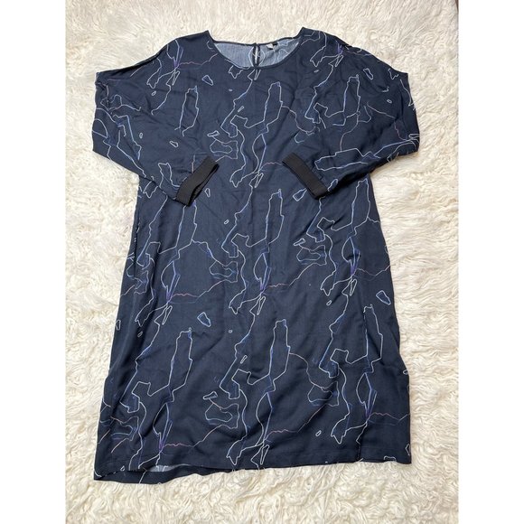 Elk the Label Dress Womens Large Scribble Print Shift Midi Blue Lagenlook - Picture 1 of 11
